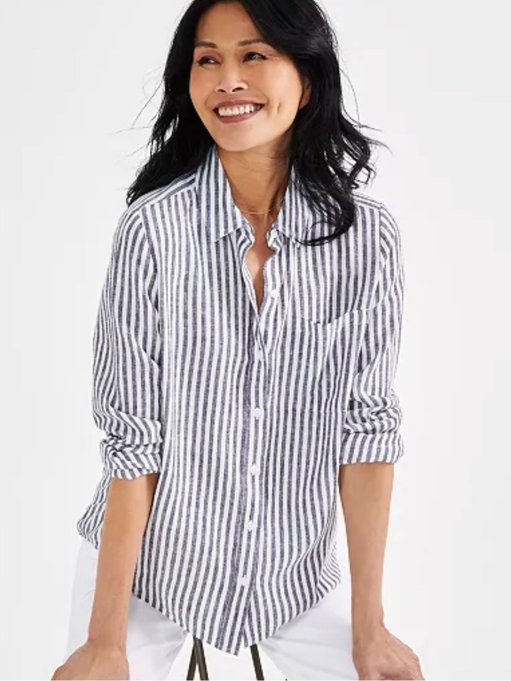Style & Co Striped Linen Blend Button-Up Shirt Size Small